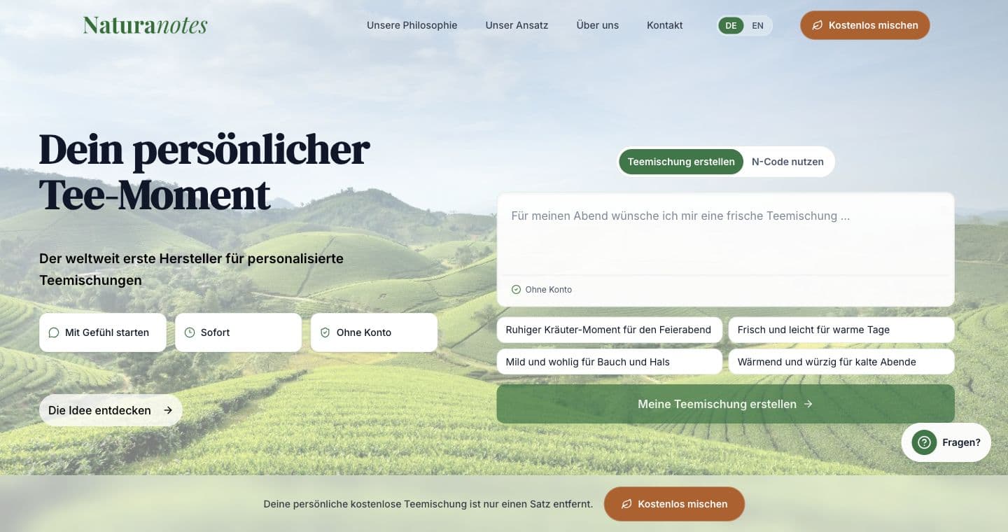 Hero-Bereich der NaturaNotes Website in einem Browserrahmen